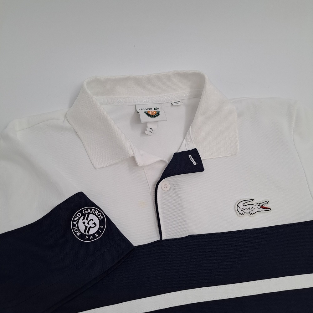 Lacoste Roland Garros Polo Shirt Mens S Polyester White Navy Striped Ultra Dry